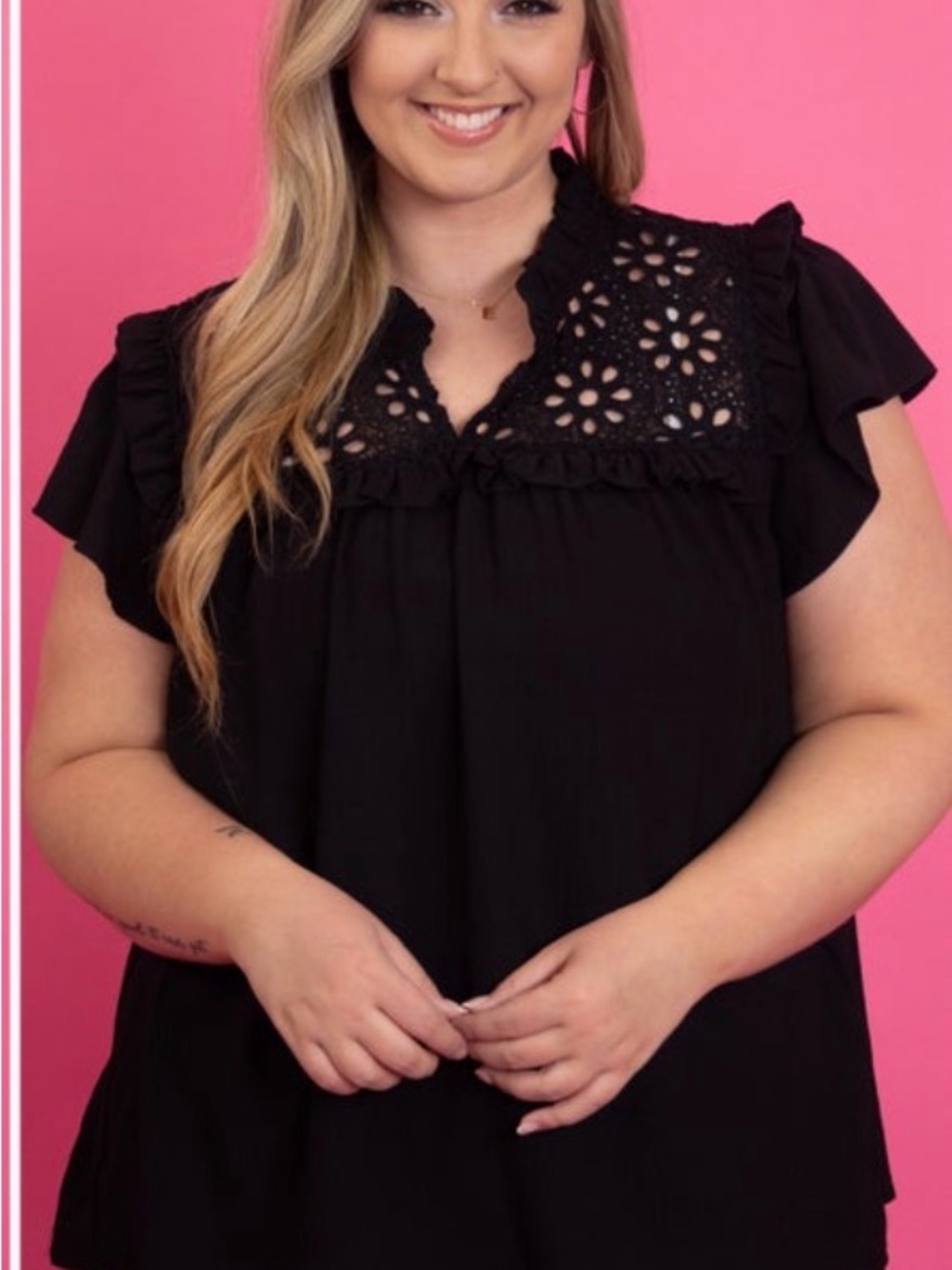 Oddi Eyelet Flutter Sleeve Top - Black